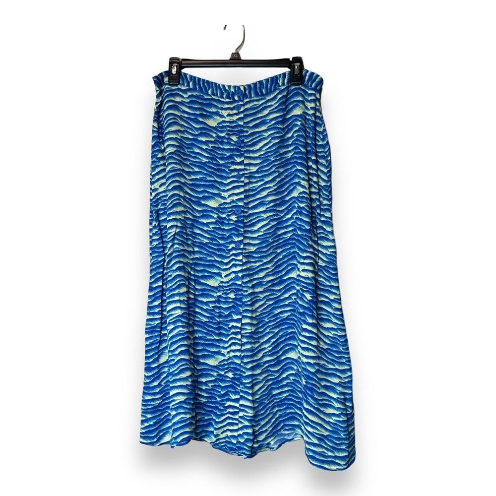 Whistles Seafoam Button Front Skirt in Blue Multi Wave Patterned A-Line Size 12